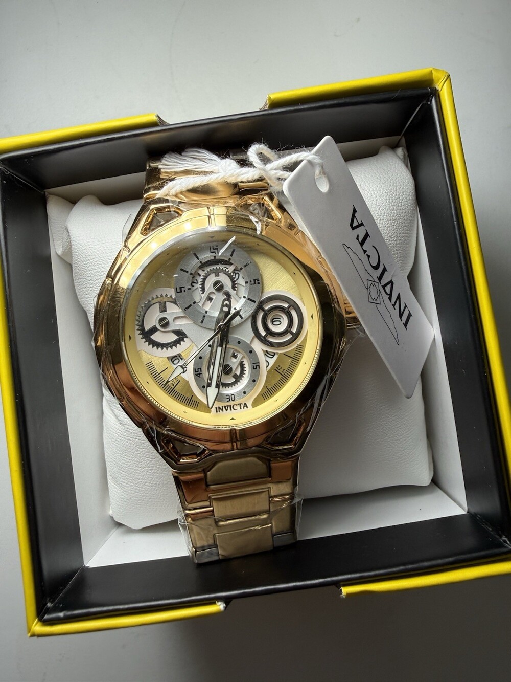 Invicta Men’s Gold Tone Watch Skeleton Gear Dial Bracelet NEW w/ Box Tags
